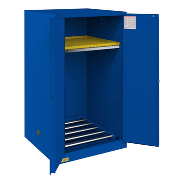 FM Approved, Corrosive Storage Cabinet, 55 Gallon Drum, 2 Doors, Manual Close, 1 Shelf, 1 Plastic Trays, Blue